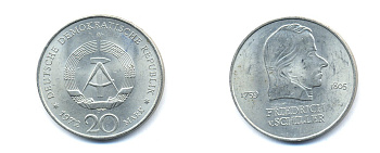 ГДР 20 марок 1972 А, Фридрих Шиллер (1759-1805) KM 40 медно-никель 3333-715