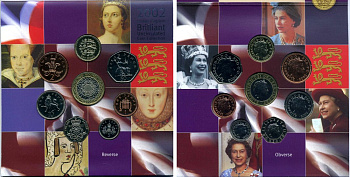 Великобритания набор из 8 монет 2002 английские королевы, в оригинальном картонном буклете BUNC 3-6-3-12