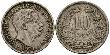 Люксембург 10 сантимов 1901 Адольф (1890-1905) KM 25 медно-никель 4602-445