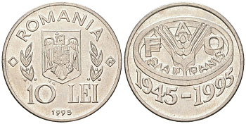 Румыния 10 леев 1995 N, 50 лет продовольственной программе - ФАО KM 117 сталь плакировнная никелем BU 183-1016