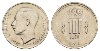 Люксембург 10 франков 1971 Герцог Жан (1964-1999) KM 57 никель 4641-1053
