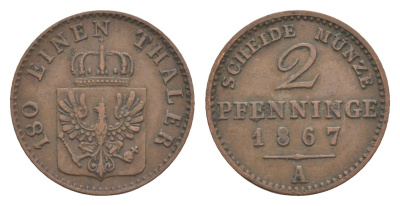 Пруссия 2 пфеннига 1867 A, Вильгельм I (1861-1888) KM 481, Jaeger 51, AKS 107, Olding 425 медь 4651-318