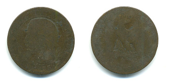 Франция 5 сантимов 1855 A, Наполеон III (1852-1870) KM 777.1, Le Franc 116.16 бронза 23-1324