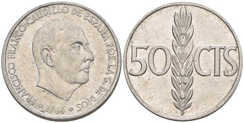 ИСПАНИЯ 50 СЕНТИМО 1966 (68) ФРАНСИСКО ФРАНКО ДИКТАТОР ИСПАНИИ (1939-1975) KM 795 алюминий 4551-946