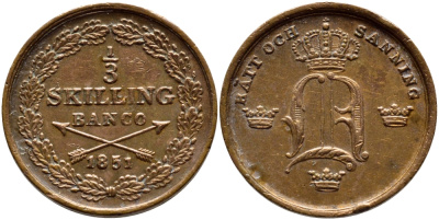 Швеция 1/3 скиллинга 1851 Оскар I (1844-1859) KM 640 медь 1530-531