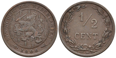 Нидерланды 1/2 цента 1906 Вильгельмина (1890-1948) KM 133 бронза    4169-234