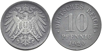 ГЕРМАНИЯ 10 ПФЕННИГОВ 1920 KM 26, J. 299 цинк 4401-147