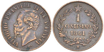 ИТАЛИЯ 1 ЧЕНТЕЗИМО 1861 М, МОНДВОР МИЛАН, ВИКТОР ЭММАНУИЛ II (1861-1878) KM 1.1 медь 4516-1027