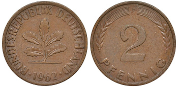 ФРГ 2 пфеннига 1962 F KM 106, J.381 бронза 4174-454