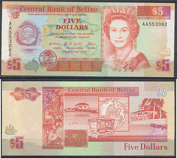 Белиз 5 долларов 1990 серия АА, Елизавета II Pick 57 a бумага UNC (пресс) 451-1220-1