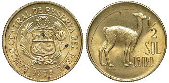 Перу 1/2 соля 1974 альпака KM 260 латунь aUNC 4605-453