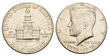 США 1/2 доллара (50 центов) 1976 D, 200 лет независимости, Джон Кеннеди KM 205 медь плакированная медно-никелем aUNC 4545-1111