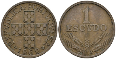 Португалия 1 эскудо 1969 первый год KM 597 бронза 4148-424