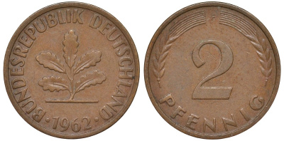 ФРГ 2 пфеннига 1962 F KM 106, J.381 бронза 4174-454
