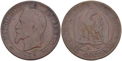 ФРАНЦИЯ 5 САНТИМОВ 1862 K, НАПОЛЕОН III (1852-1870) KM 797.3, LE FRANC 117.7 бронза 117-856