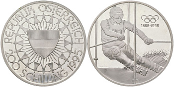 Австрия 200 шиллингов 1995 100 лет Олимпийским играм - лыжный спорт KM 3027 серебро PROOF 4044-534