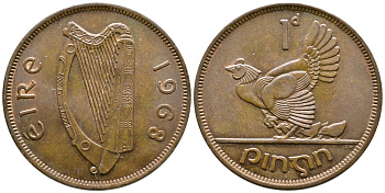 ИРЛАНДИЯ 1 ПЕННИ 1968 КУРИЦА С ЦЫПЛЯТАМИ KM 11 бронза 4110-345