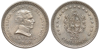 Уругвай 25 сентесимо 1960 KM 40 медно-никель 4532-153