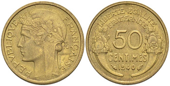 ФРАНЦИЯ 50 САНТИМОВ 1940 ТИП MORLON KM 894.1, LE FRANC 192.17 алюминиевая бронза 44-759