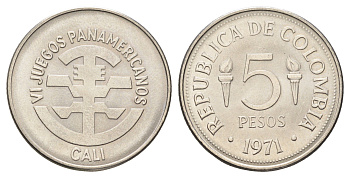 Колумбия 5 песо 1971 VI Пан-Американские игры в Кали KM 247 медно-никель UNC 4662-624