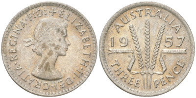 Австралия 3 пенса 1957 m, Елизавета II (1952-2022) KM 57 серебро 4621-1241