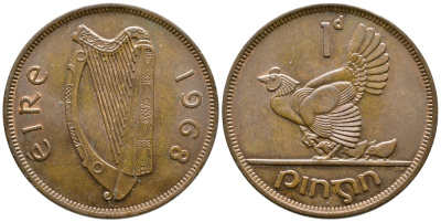 ИРЛАНДИЯ 1 ПЕННИ 1968 КУРИЦА С ЦЫПЛЯТАМИ KM 11 бронза 4110-345
