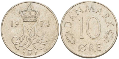 ДАНИЯ 10 ЭРЕ 1974 S; B, МАРГРЕТЕ II (1972-) KM 860.1 медно-никель 4387-1165