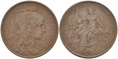 ФРАНЦИЯ 5 САНТИМОВ 1917 ТИП ДАНИЭЛЬ ДЮПЮИ KM 842, LE FRANC 119.30 бронза 108-1021