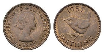 Великобритания 1 фартинг 1953 Елизавета II (1952-2022), год-тип KM 881, Spink 4156 бронза UNC 4690-769