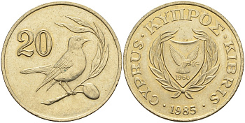 Кипр 20 центов 1985 KM 57.2 никель латунь 4140-736