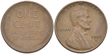 США 1 ЦЕНТ 1956 D, ЛИНКОЛЬН KM А132 медь цинк 3309-1157