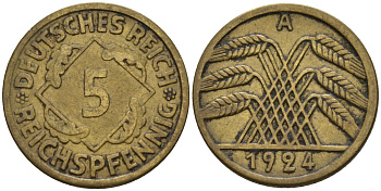 Германия 5 рейхспфеннигов 1924 A KM 39, J. 316 алюминиевая бронза 4151-715