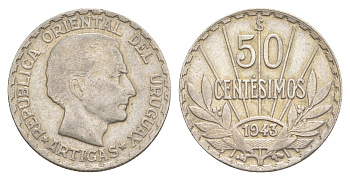 Уругвай 50 сентесимо 1943 KM 31 серебро 4637-255