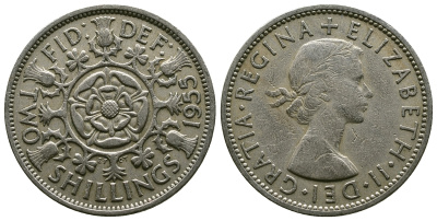 Великобритания 2 шиллинга (флорин) 1955 Елизавета II (1952-2022) KM 906, Spink 4146 медно-никель 4607-922