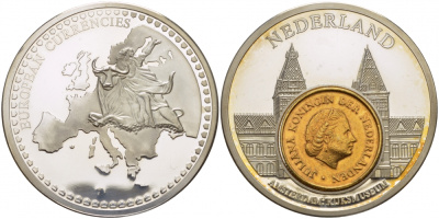 НИДЕРЛАНДЫ МЕДАЛЬ ND МОНЕТА НА МЕДАЛИ, СЕРИЯ ДОЕВРОВЫЕ ЕВРОПЕЙСКИЕ МОНЕТЫ, ДИАМЕТР 40 ММ., НИДЕРЛАНДЫ, 25 ЦЕНТОВ, АМСТЕРДАМ, КОРОЛЕВСКИЙ МУЗЕЙ серебрение PROOF 1088-6-41