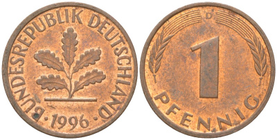 Германия 1 пфенниг 1996 D KM 105 сталь плакированная медью aUNC 4613-1216