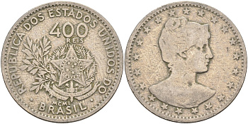 Бразилия 400 рейс 1901 голова свободы вправо KM 505 медно-никель 4367-216
