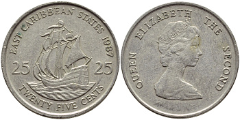 Восточно-Карибские штаты 25 центов 1987 Елизавета II (1952-2022), парусник KM 14 медно-никель 87-836