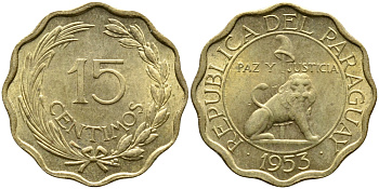 Парагвай 15 сентимо 1953 лев, фригийский колпак на шесте KM 26 алюминиевая бронза UNC 4388-157