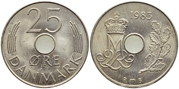 ДАНИЯ 25 ЭРЕ 1983 R; B, МАРГРЕТЕ II (1972-) KM 861.3 медно-никель 4397-223