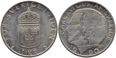 Швеция 1 крона 1990 Карл XVI Густав (1973- ) KM 852a медно-никель 4398-1257