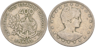Бразилия 400 рейс 1901 голова свободы вправо KM 505 медно-никель 4367-216