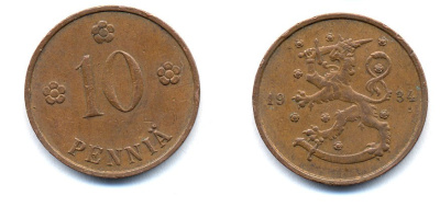 Финляндия 10 пенни 1934 республика (1918-1962) KM 24 медь 51-5431