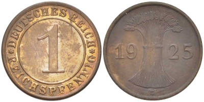 ГЕРМАНИЯ 1 РЕЙХСПФЕННИГ 1925 E KM 37, J. 313, Weege 2 бронза 206-823