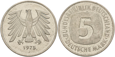 ФРГ 5 марок 1975 J, монетный двор Гамбург КМ 140.1, J. 415 медно-никель плакированный никелем 4599-435