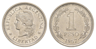 Аргентина 1 песо 1957 KM 57 сталь плакированная никелем 4656-1134