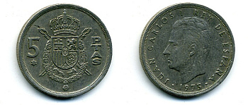 ИСПАНИЯ 5 ПЕСЕТ 1975 ХУАН КАРЛОС I KM 807 медно-никель 56-1057