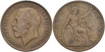 Великобритания 1 пенни 1913 Георг V (1910-1936) KM 810, Spink 4051 бронза    4157-942