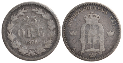 Швеция 25 эре 1875 ST, Оскар II (1872-1907) король Швеции и Норвегии KM 738 серебро 4179-814