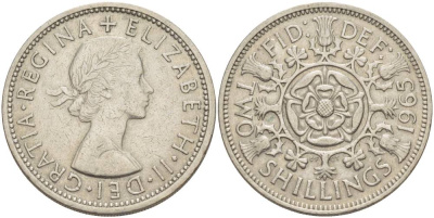 Великобритания 2 шиллинга (флорин) 1965 Елизавета II (1952-2022) KM 906, Spink 4146 медно-никель 4183-1233